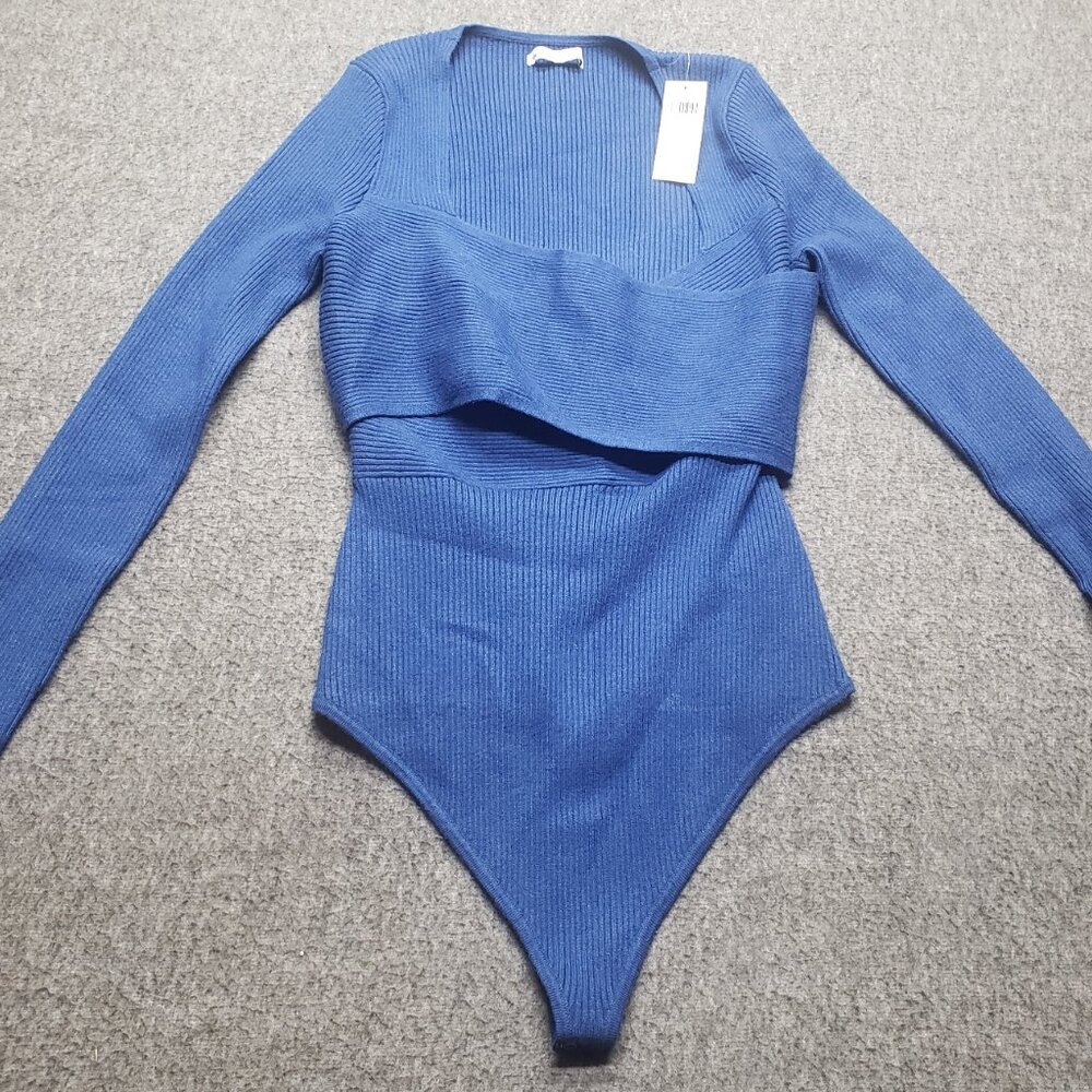 Abercrombie & Fitch Bodysuit Womens XL Blue Ribbed Knit Long Sleeve Wrap Deep V
